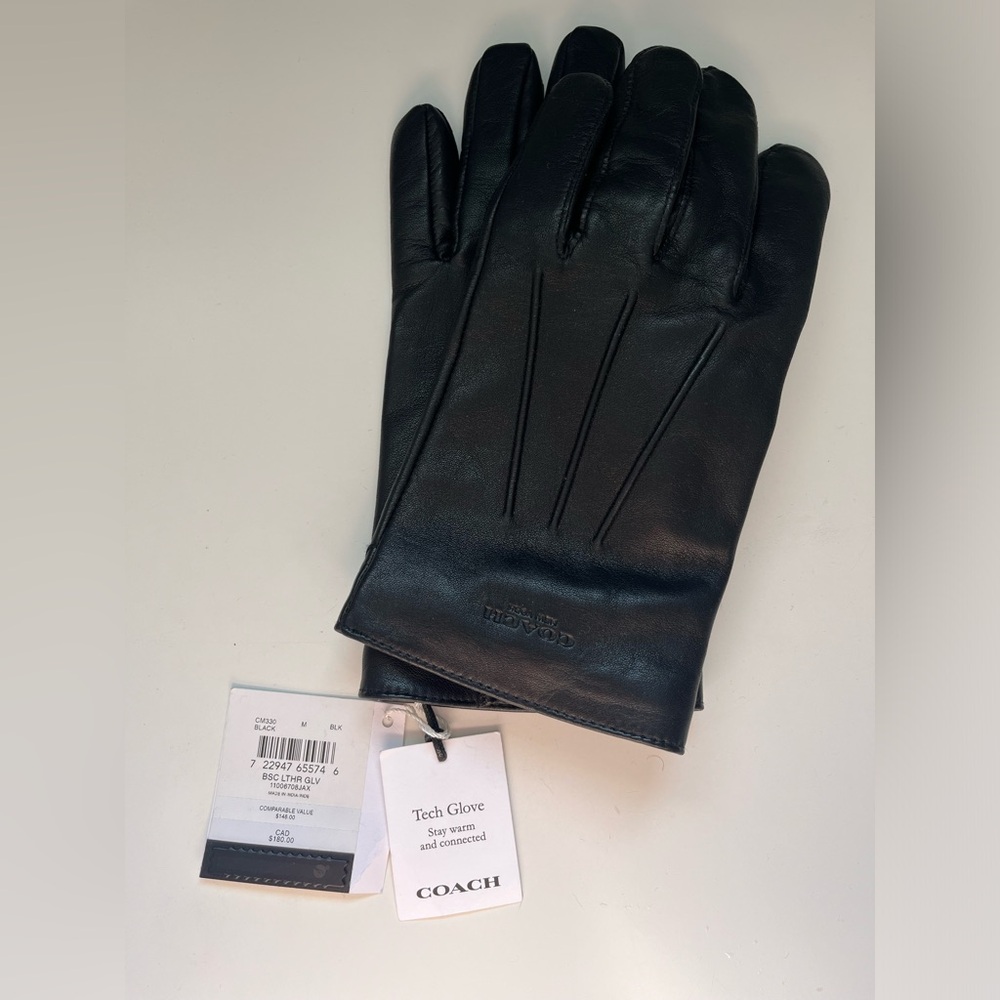 Men’s Coach black leather cashmere gloves Medium